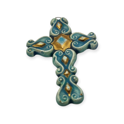 Enamelled blue and gold cross pendant France 1960s glazed ceramic