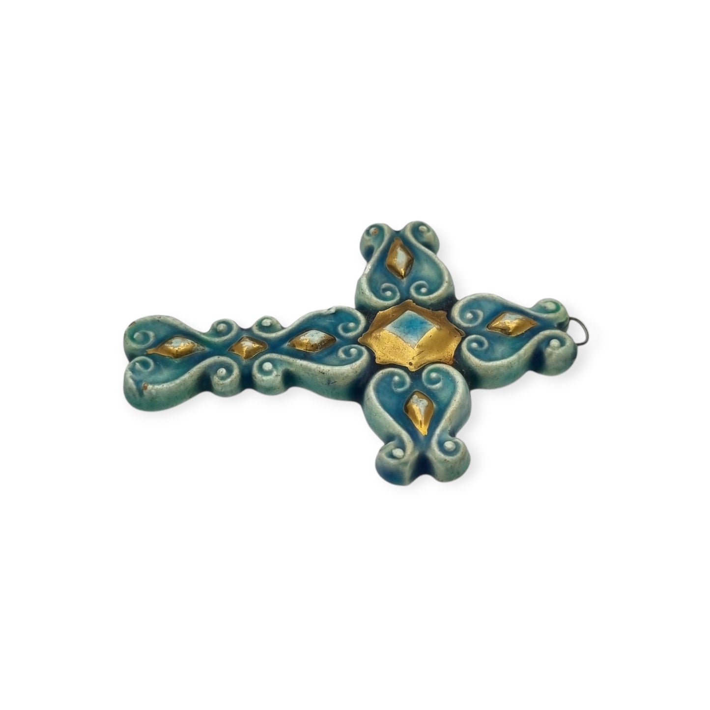 Enamelled blue and gold cross pendant France 1960s glazed ceramic