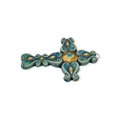 Enamelled blue and gold cross pendant France 1960s glazed ceramic