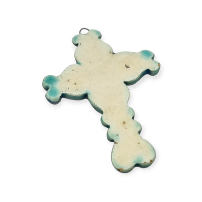 Enamelled blue and gold cross pendant France 1960s glazed ceramic
