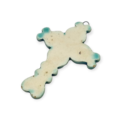 Enamelled blue and gold cross pendant France 1960s glazed ceramic