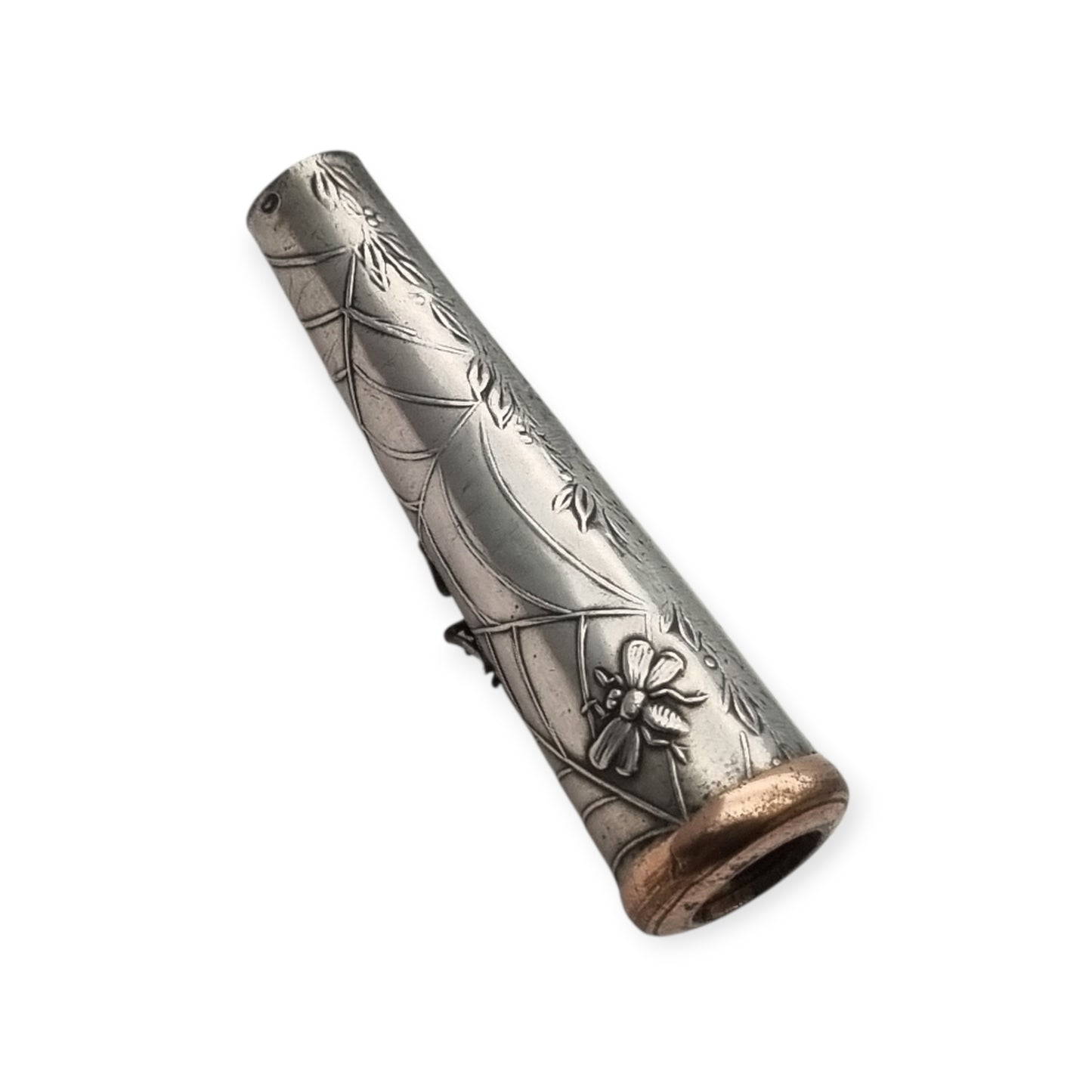 Boquilla antigua de plata Art Déco Vamp con araña y abeja, femme fatale 1920