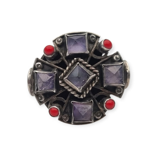 Escorcia .925 sterling silver ring from Mexico with amethysts and red details, circa 1990