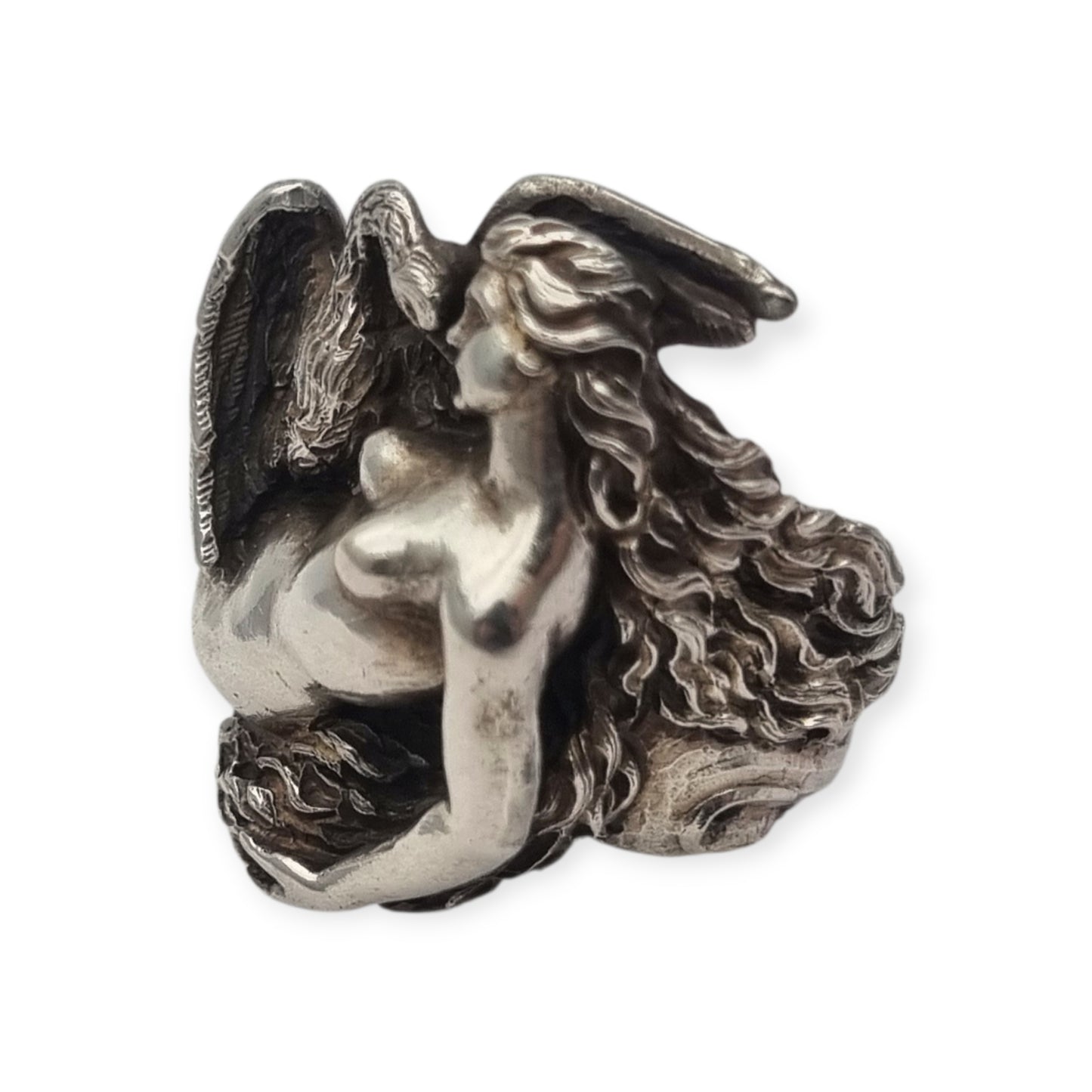 Mythological Leda and the Swan ring in 800 Italian silver, 20th century Art Nouveau sculptural style