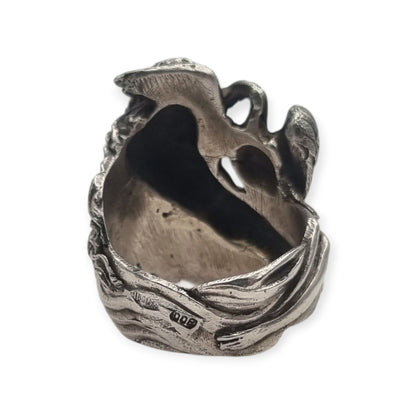 Mythological Leda and the Swan ring in 800 Italian silver, 20th century Art Nouveau sculptural style