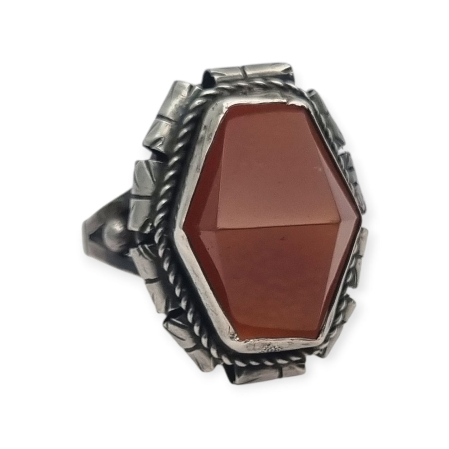 Late Art Deco sterling silver faceted carnelian ring circa 1940-1950