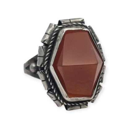 Late Art Deco sterling silver faceted carnelian ring circa 1940-1950
