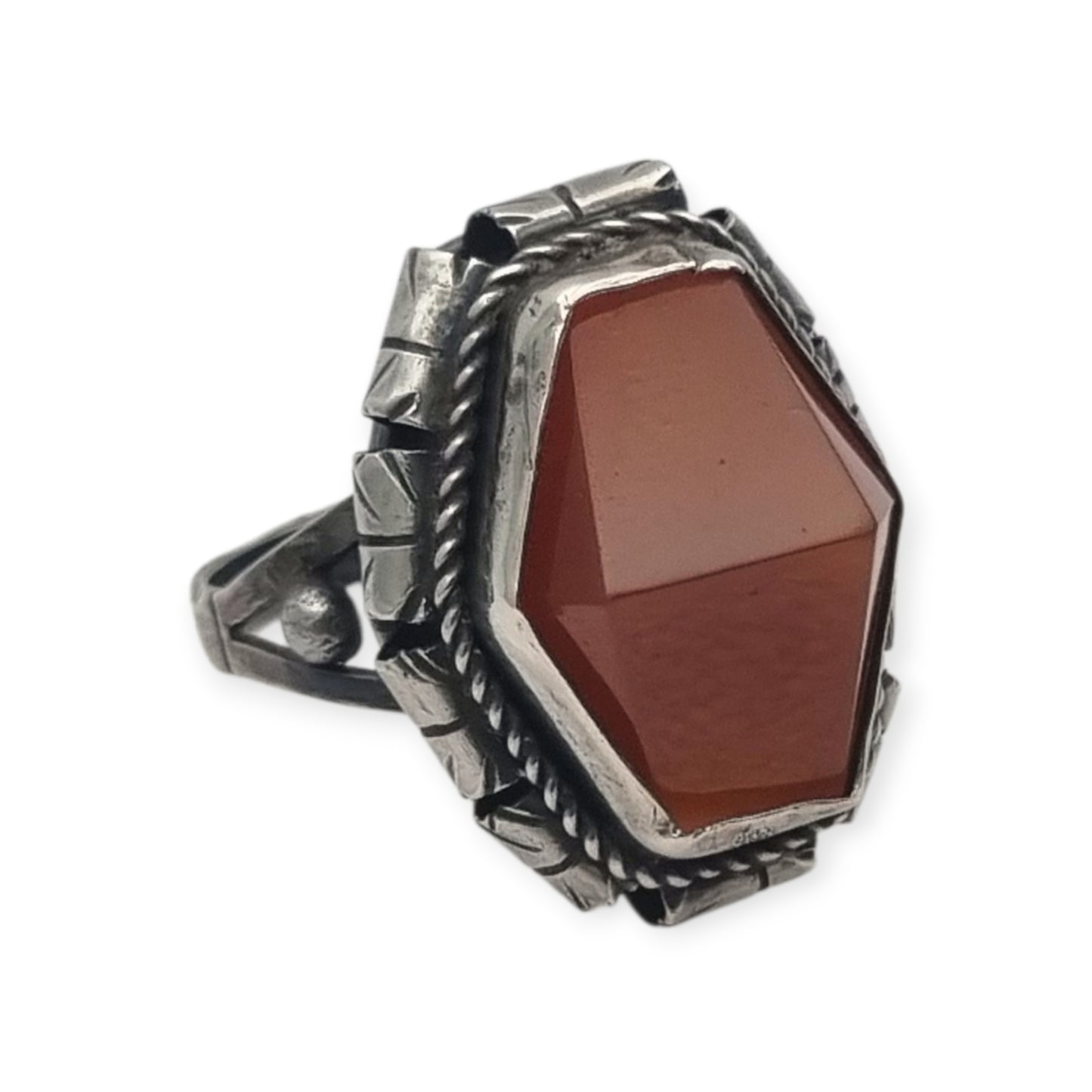 Late Art Deco sterling silver faceted carnelian ring circa 1940-1950