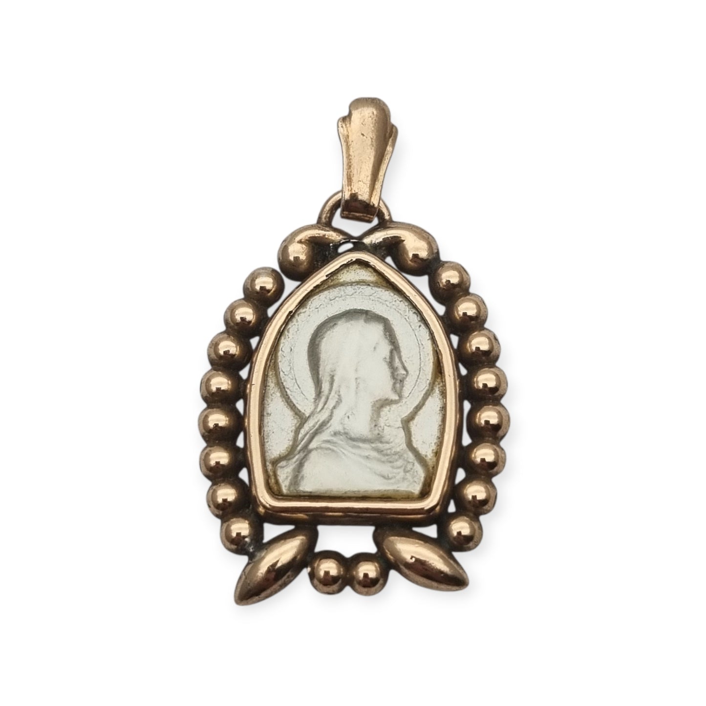 Art Deco Religious Silver and Gold Vermeil Pendant with Carved Mother-of-Pearl Virgin Mary circa 1940-1950