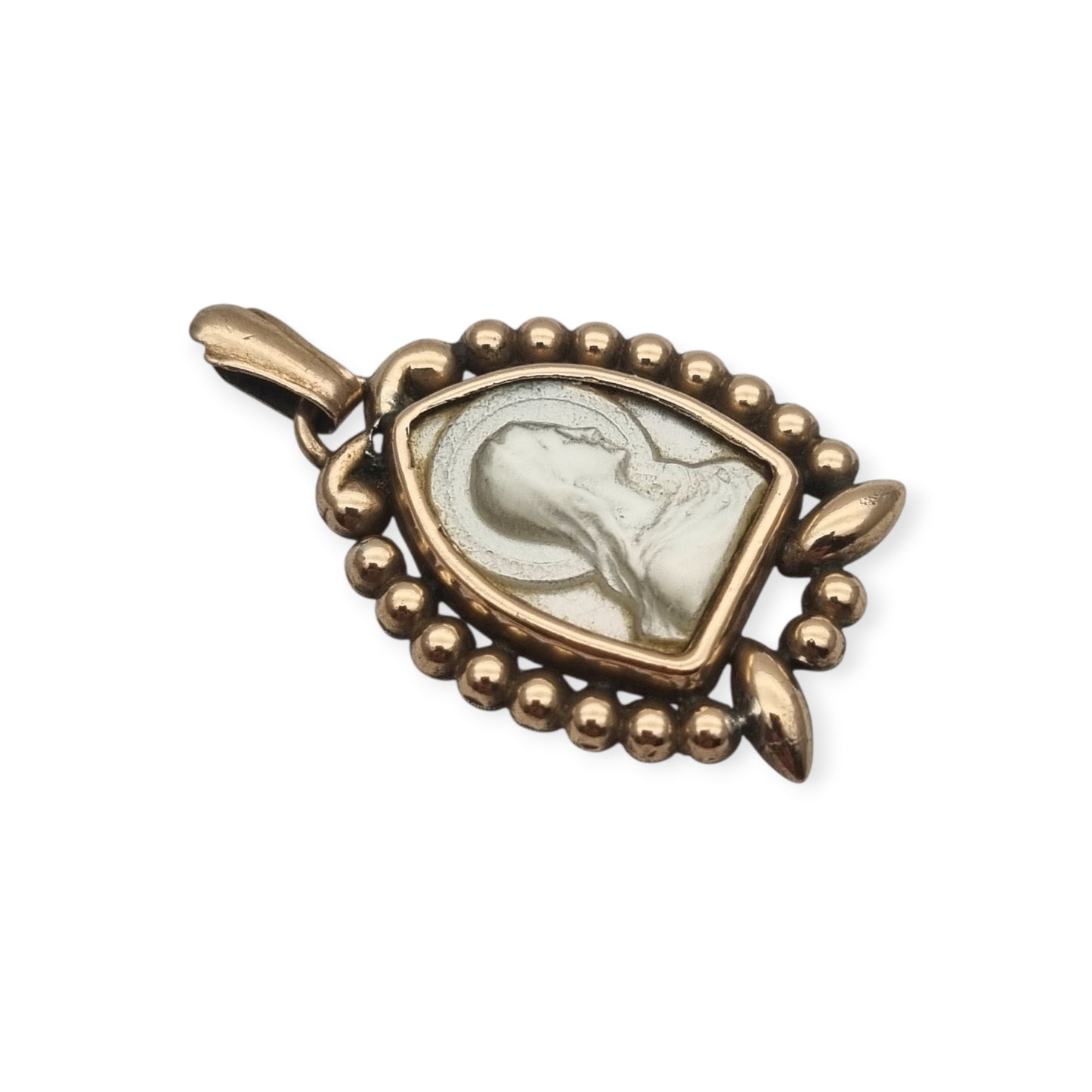 Art Deco Religious Silver and Gold Vermeil Pendant with Carved Mother-of-Pearl Virgin Mary circa 1940-1950