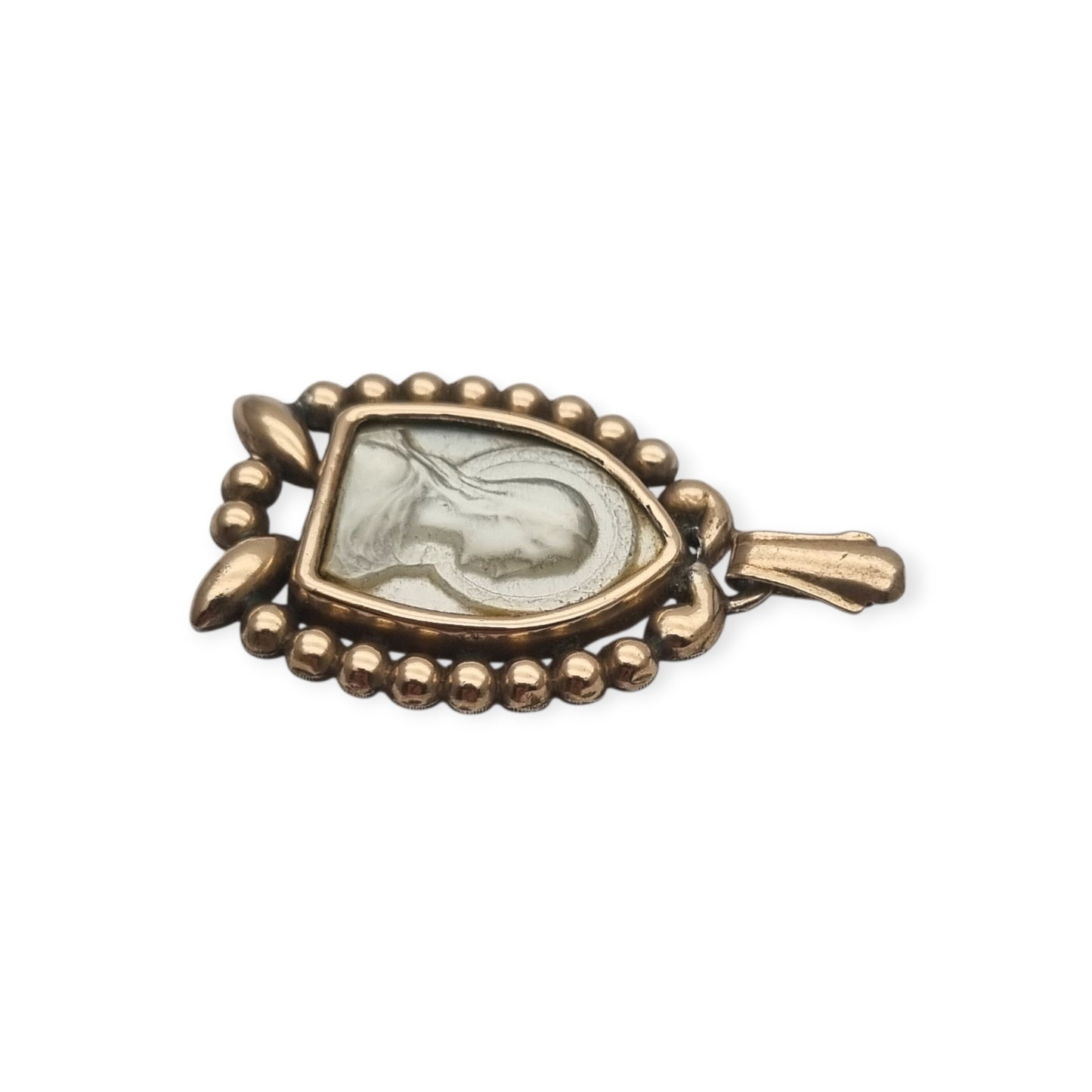Art Deco Religious Silver and Gold Vermeil Pendant with Carved Mother-of-Pearl Virgin Mary circa 1940-1950