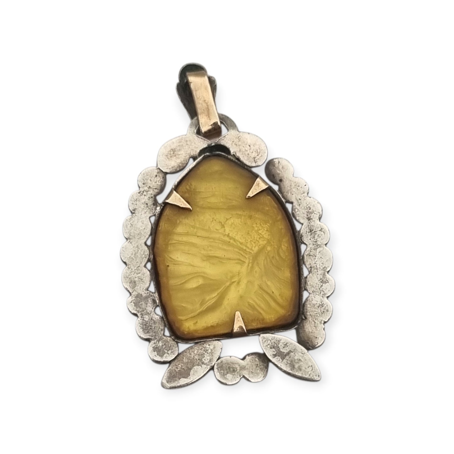 Art Deco Religious Silver and Gold Vermeil Pendant with Carved Mother-of-Pearl Virgin Mary circa 1940-1950