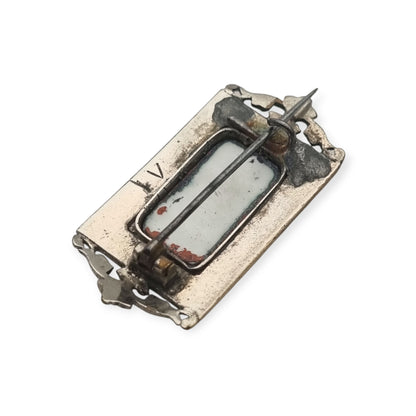 Broche antiguo rectangular de metal y esmalte negro con escena clásica, finales siglo XIX