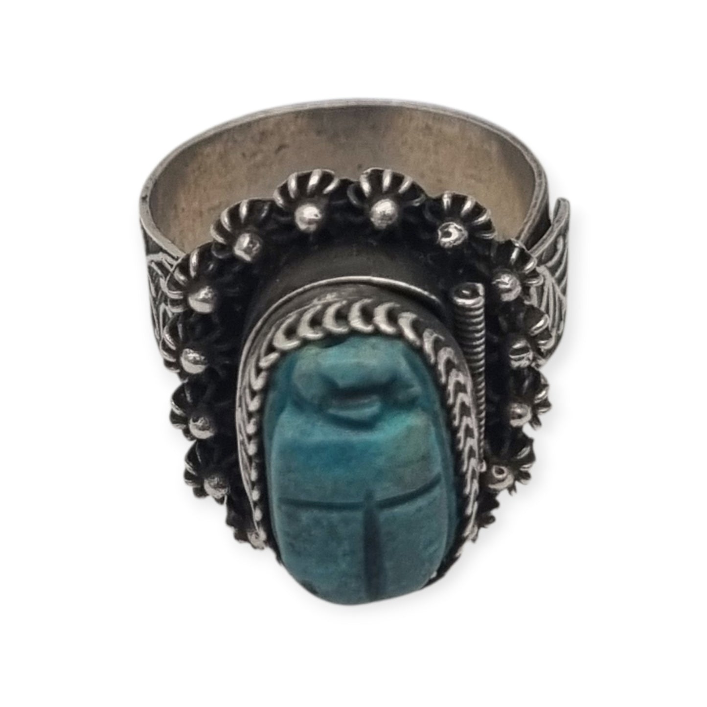 Egyptian poison or locket ring in silver with turquoise scarab, circa 1960