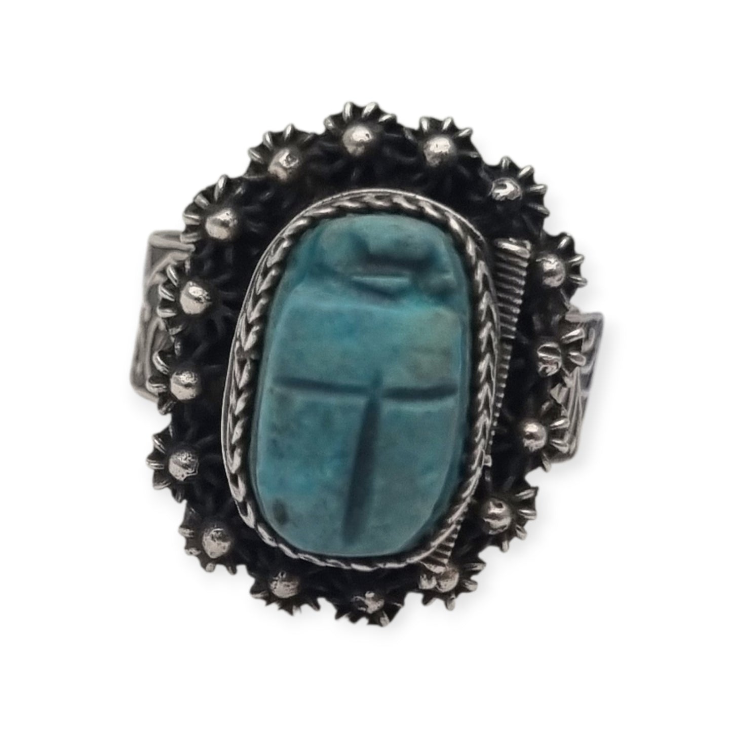 Egyptian poison or locket ring in silver with turquoise scarab, circa 1960