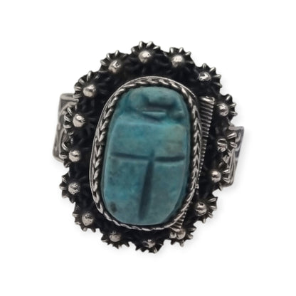 Egyptian poison or locket ring in silver with turquoise scarab, circa 1960