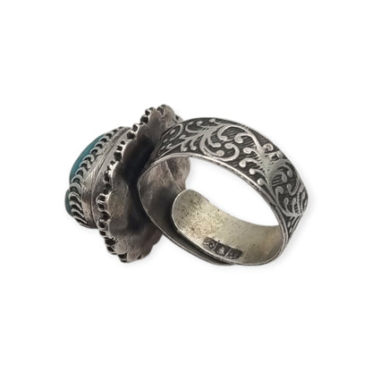 Egyptian poison or locket ring in silver with turquoise scarab, circa 1960