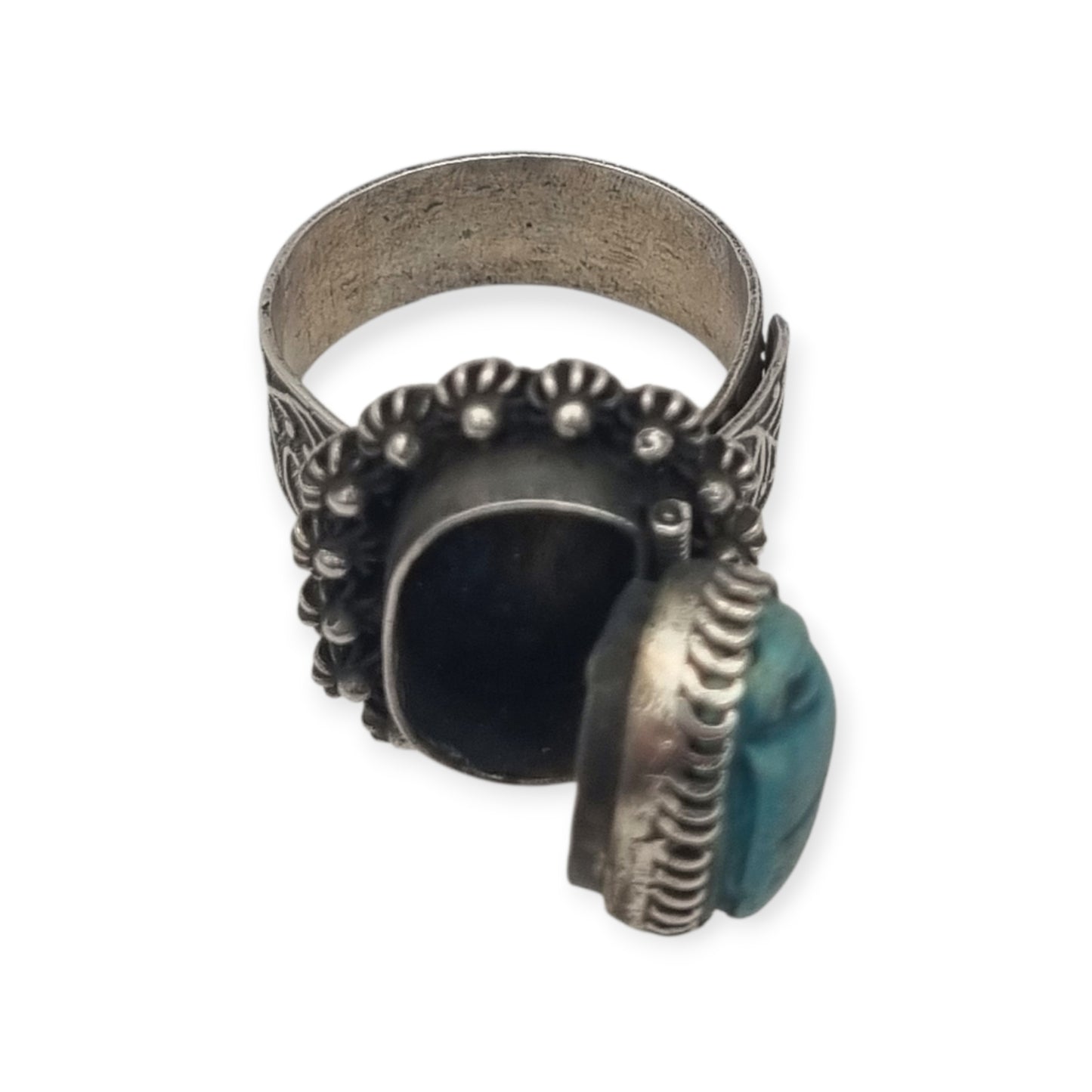 Egyptian poison or locket ring in silver with turquoise scarab, circa 1960