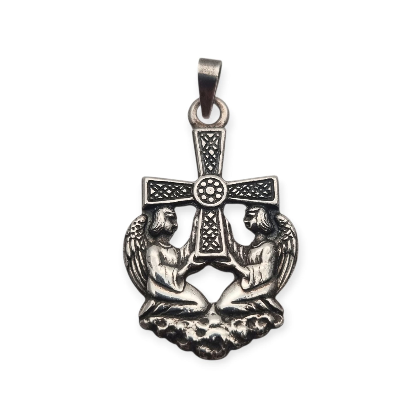 Colgante Cruz de los Ángeles en plata, diseño asturiano religioso, circa 1980