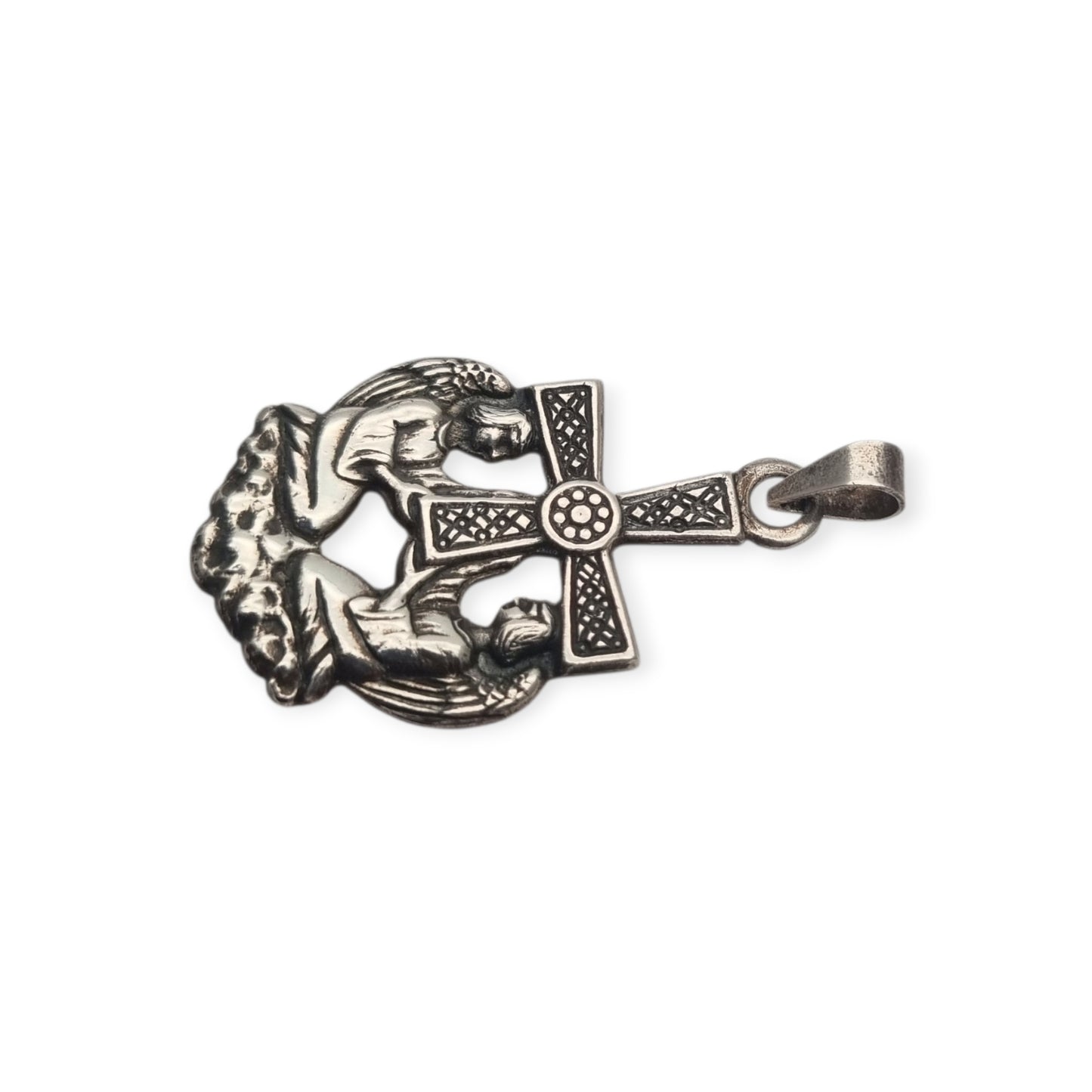 Colgante Cruz de los Ángeles en plata, diseño asturiano religioso, circa 1980