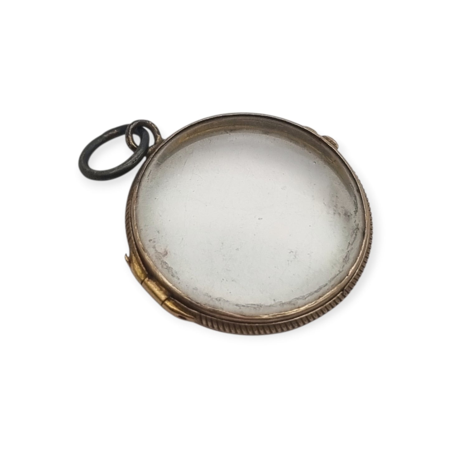 Colgante guardapelo antiguo redondo de metal y cristal biselado, circa 1920