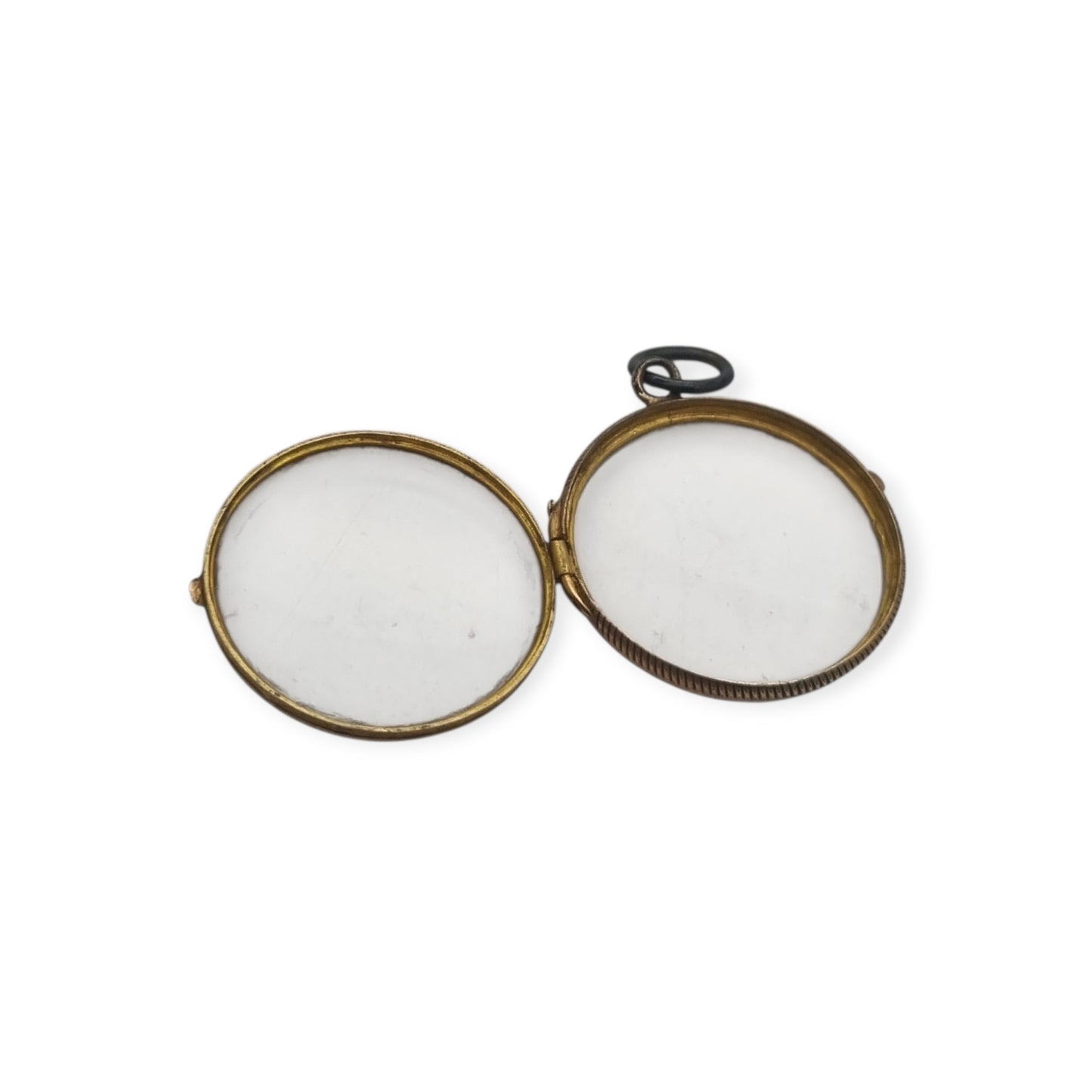 Colgante guardapelo antiguo redondo de metal y cristal biselado, circa 1920