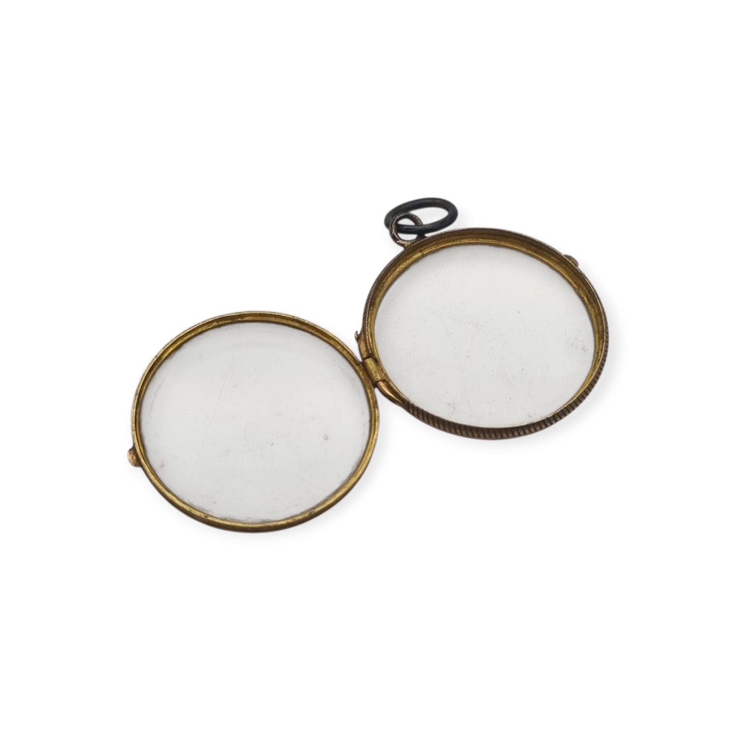 Colgante guardapelo antiguo redondo de metal y cristal biselado, circa 1920