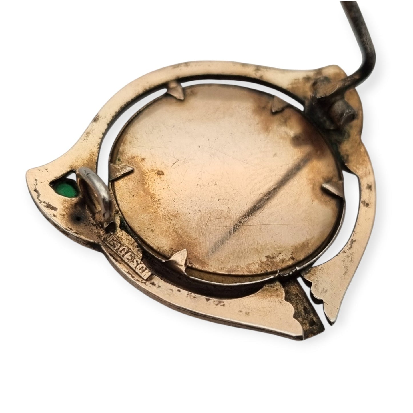 Art Nouveau locket with clasp in gilded silver and green stones, Ges.Gesch, Germany c.1910