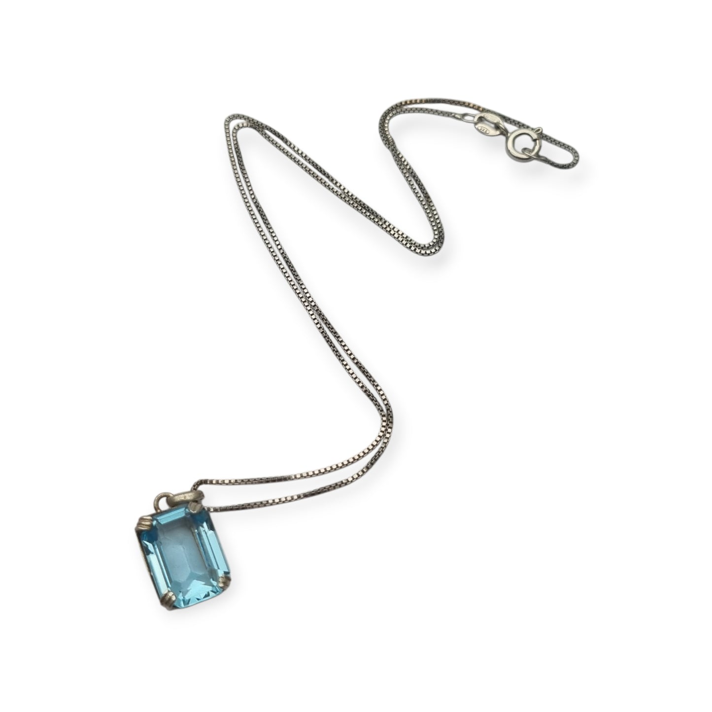 Art Deco sterling silver necklace with rectangular faceted blue stone pendant, Circa 1980s-90s