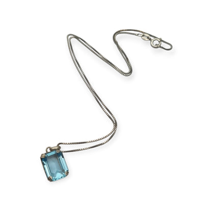 Art Deco sterling silver necklace with rectangular faceted blue stone pendant, Circa 1980s-90s
