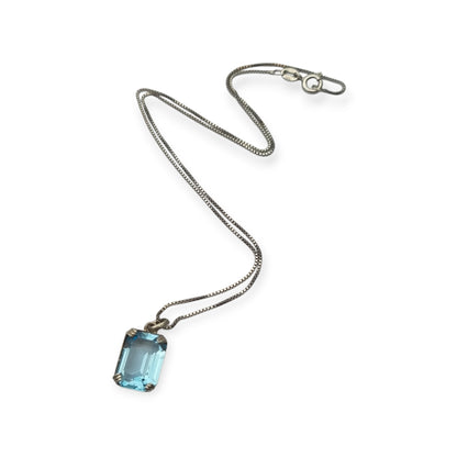 Art Deco sterling silver necklace with rectangular faceted blue stone pendant, Circa 1980s-90s