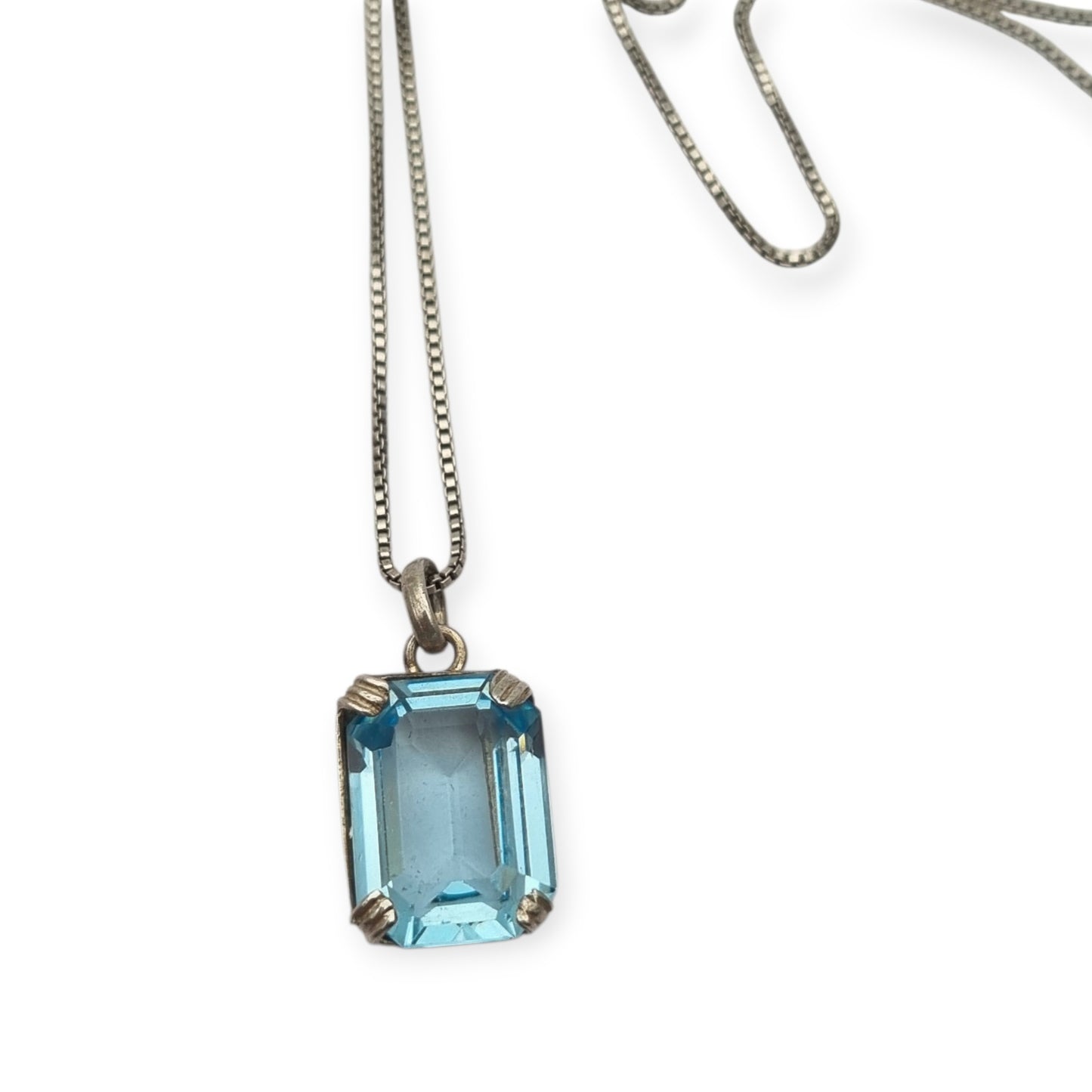 Art Deco sterling silver necklace with rectangular faceted blue stone pendant, Circa 1980s-90s