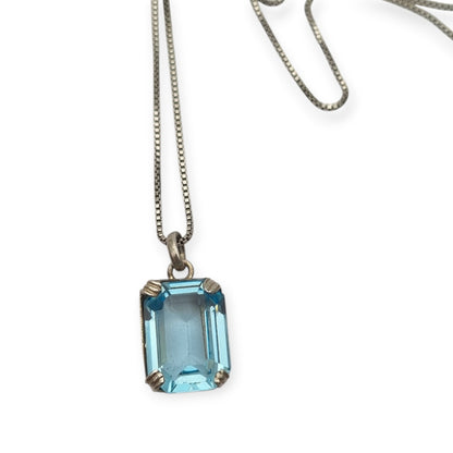 Art Deco sterling silver necklace with rectangular faceted blue stone pendant, Circa 1980s-90s