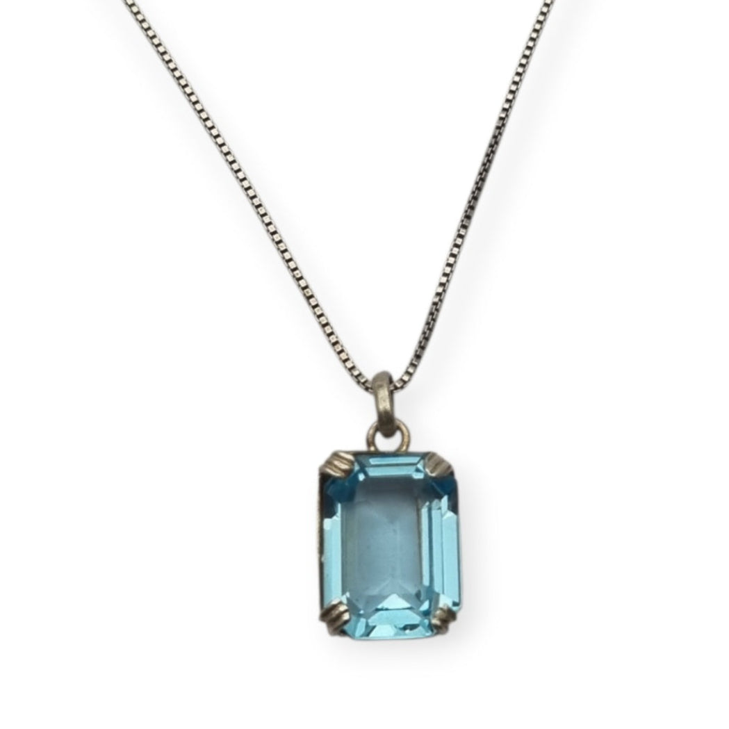 Art Deco sterling silver necklace with rectangular faceted blue stone pendant, Circa 1980s-90s
