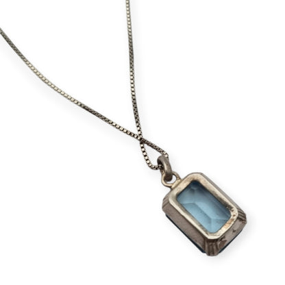 Art Deco sterling silver necklace with rectangular faceted blue stone pendant, Circa 1980s-90s