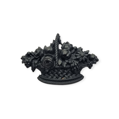 Broche floral victoriano de luto en vulcanita, cesta Giardinetti, circa 1880, joyería sentimental