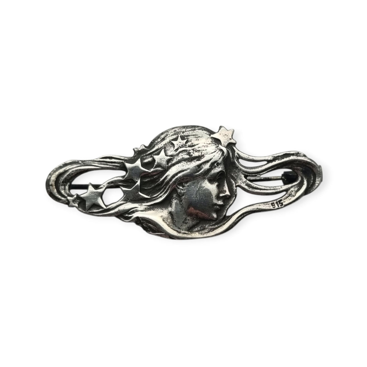 Art Nouveau 915 silver brooch with nymph, stars, and female profile, Europe, circa 1940