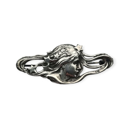 Art Nouveau 915 silver brooch with nymph, stars, and female profile, Europe, circa 1940
