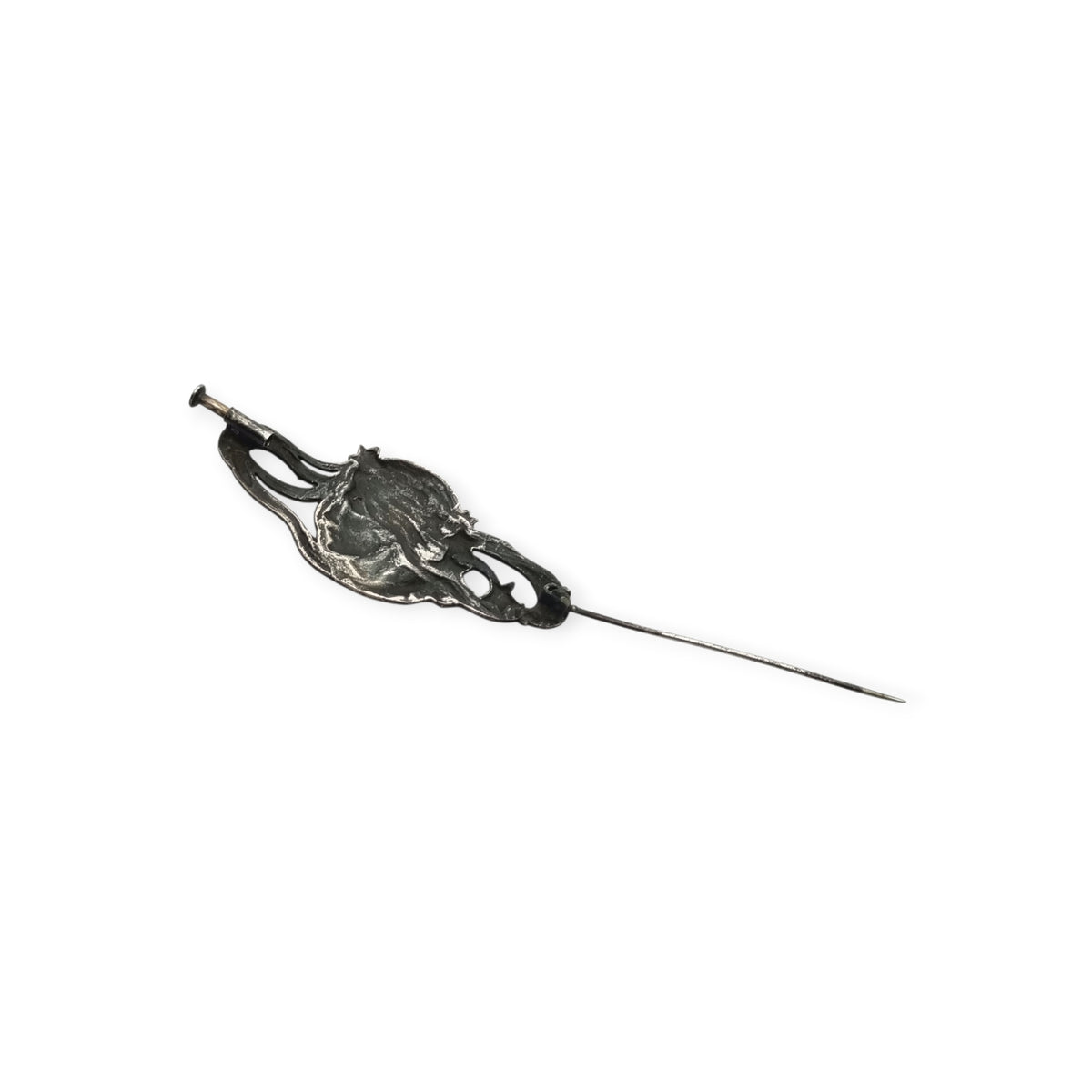 Art Nouveau 915 silver brooch with nymph, stars, and female profile, Europe, circa 1940