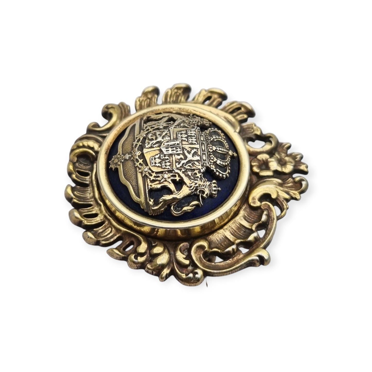 Swedish gilt silver and enamel heraldic brooch, Greater Coat of Arms of Sweden, 1973