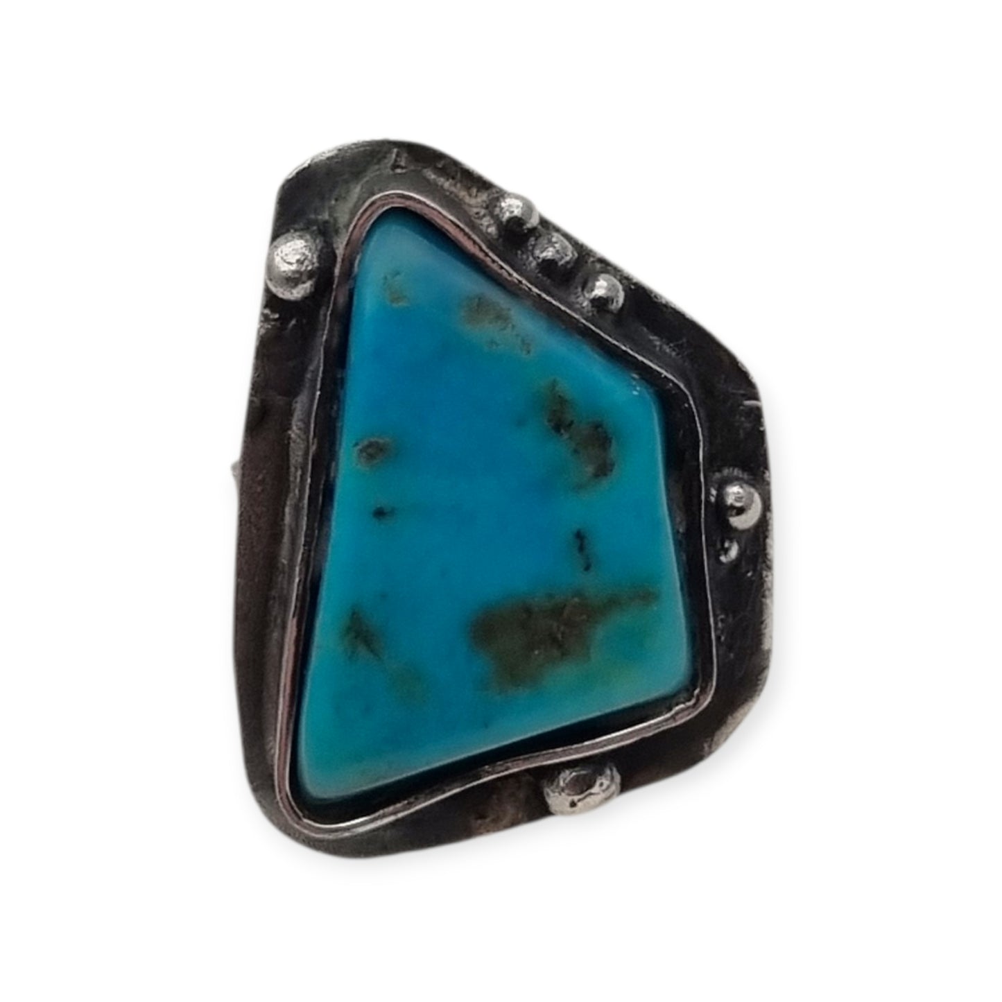 Anillo Boho artesanal de plata con turquesa triangular, diseño orgánico de estilo étnico, 80s