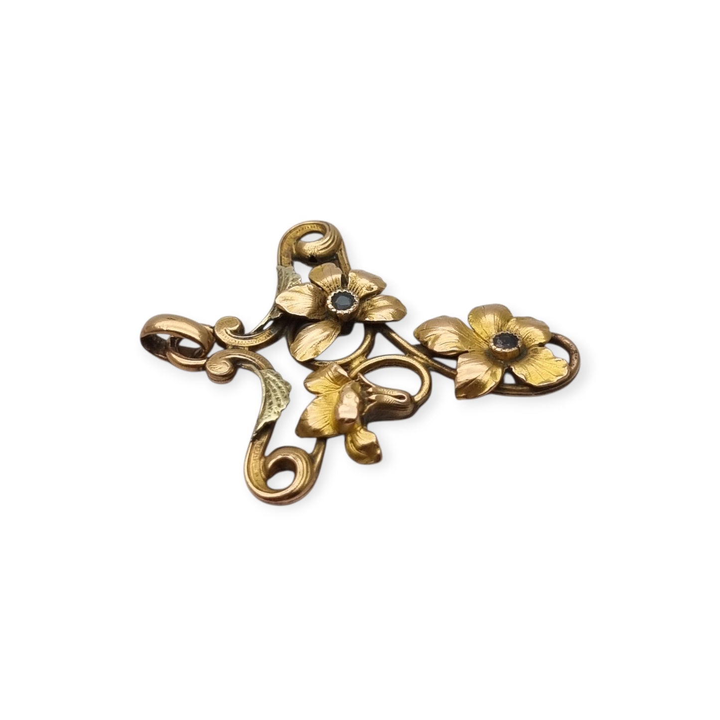 Colgante Art Nouveau FIX Francia circa 1900-1910, flores caladas con piedras azules