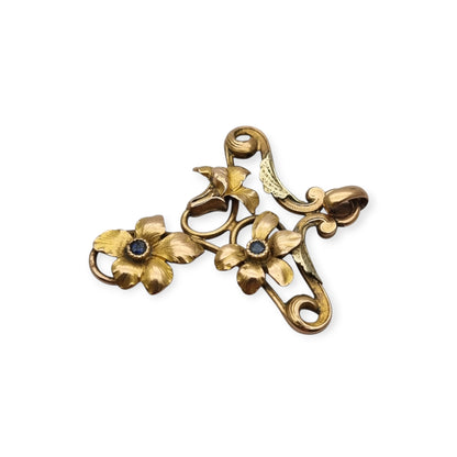 Colgante Art Nouveau FIX Francia circa 1900-1910, flores caladas con piedras azules