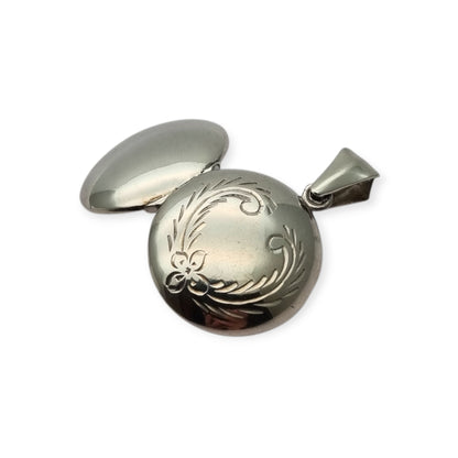 925 Sterling Silver Locket Pendant, Spain, Oval Floral Medallion, Circa 1980-90