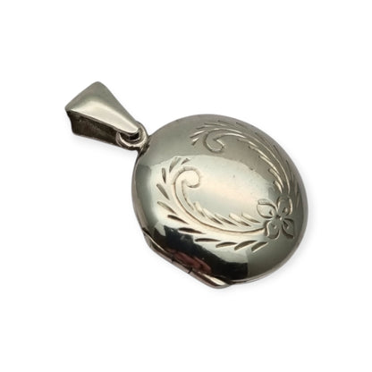 925 Sterling Silver Locket Pendant, Spain, Oval Floral Medallion, Circa 1980-90