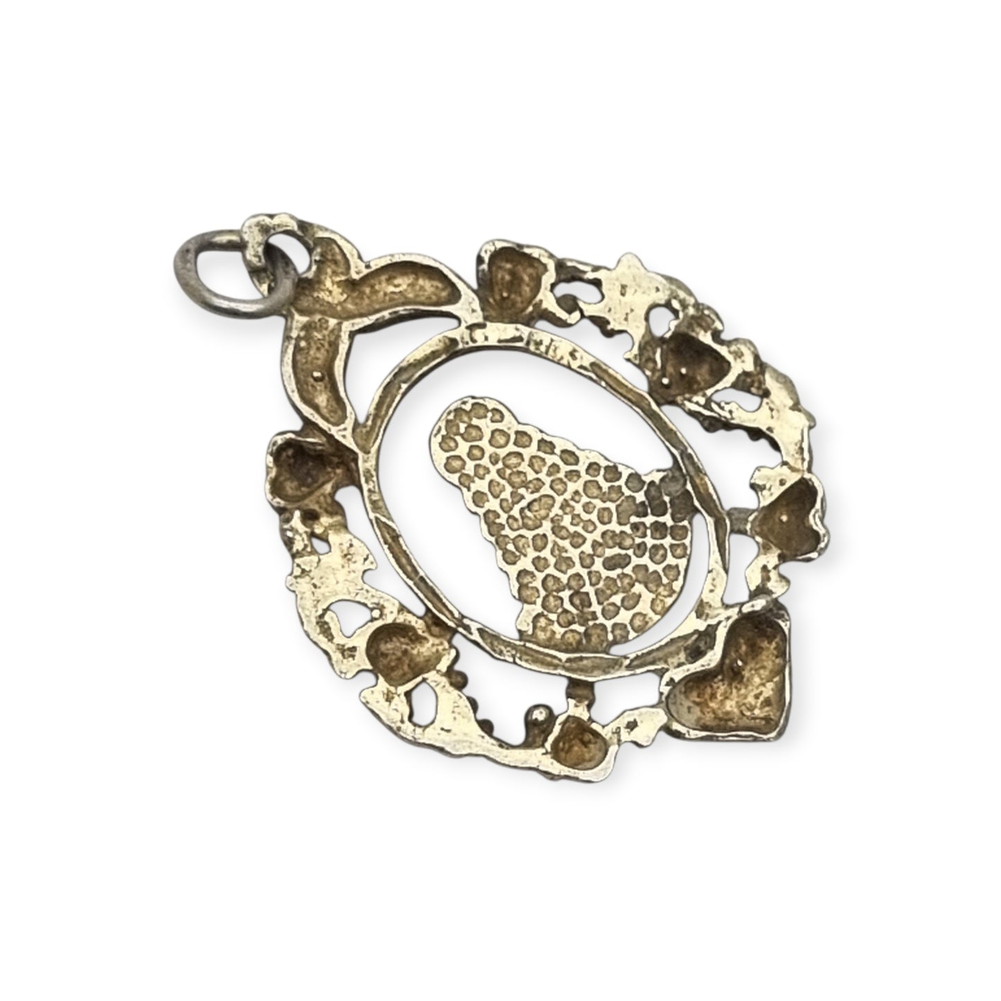 Colgante religioso de la Virgen del Rocío en plata de ley, diseño calado con corazones