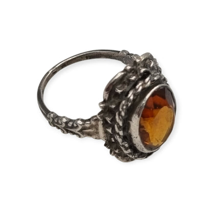 1950s-1960s silver ring with cognac-colored faceted crystal and ornamental design