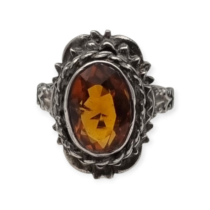 1950s-1960s silver ring with cognac-colored faceted crystal and ornamental design