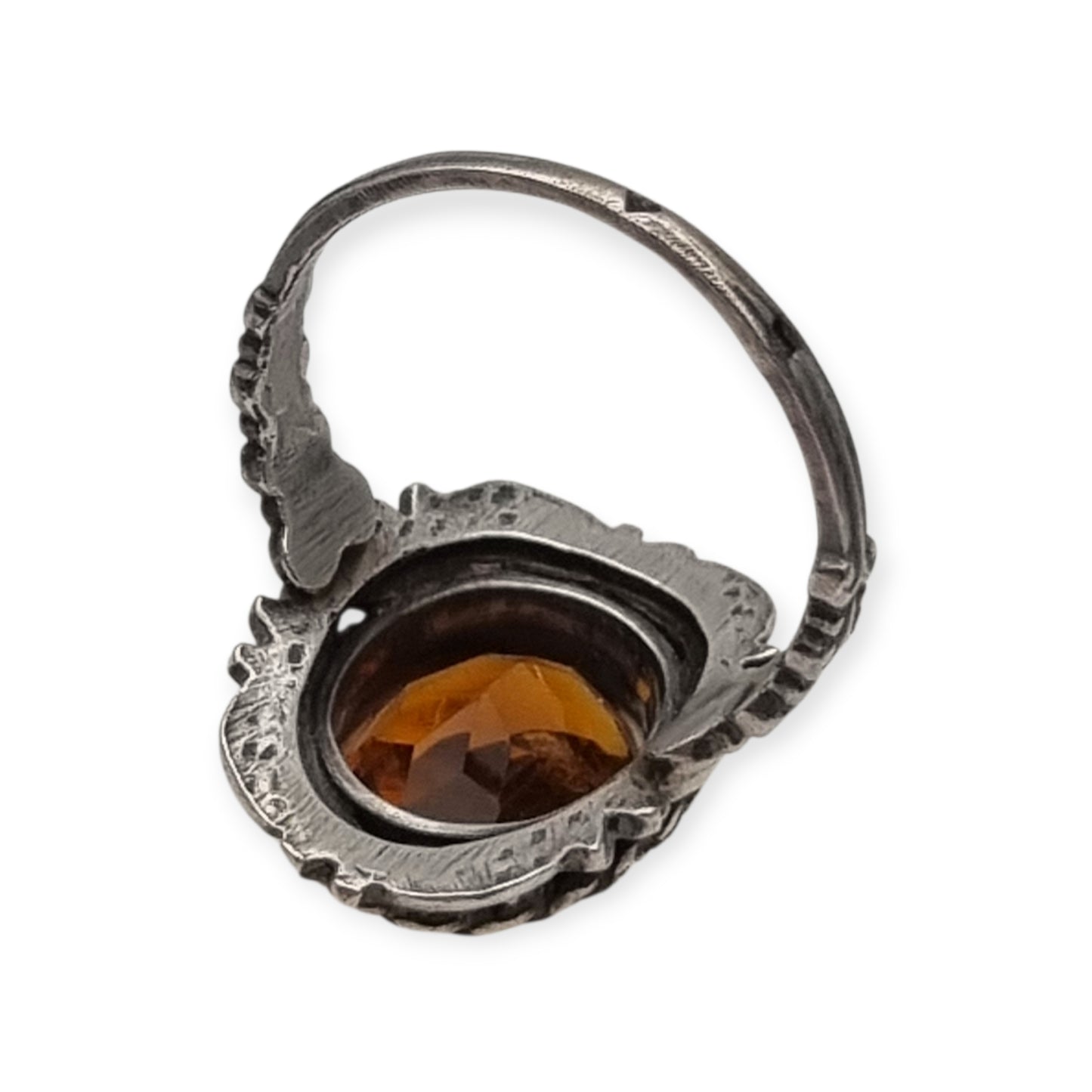 1950s-1960s silver ring with cognac-colored faceted crystal and ornamental design