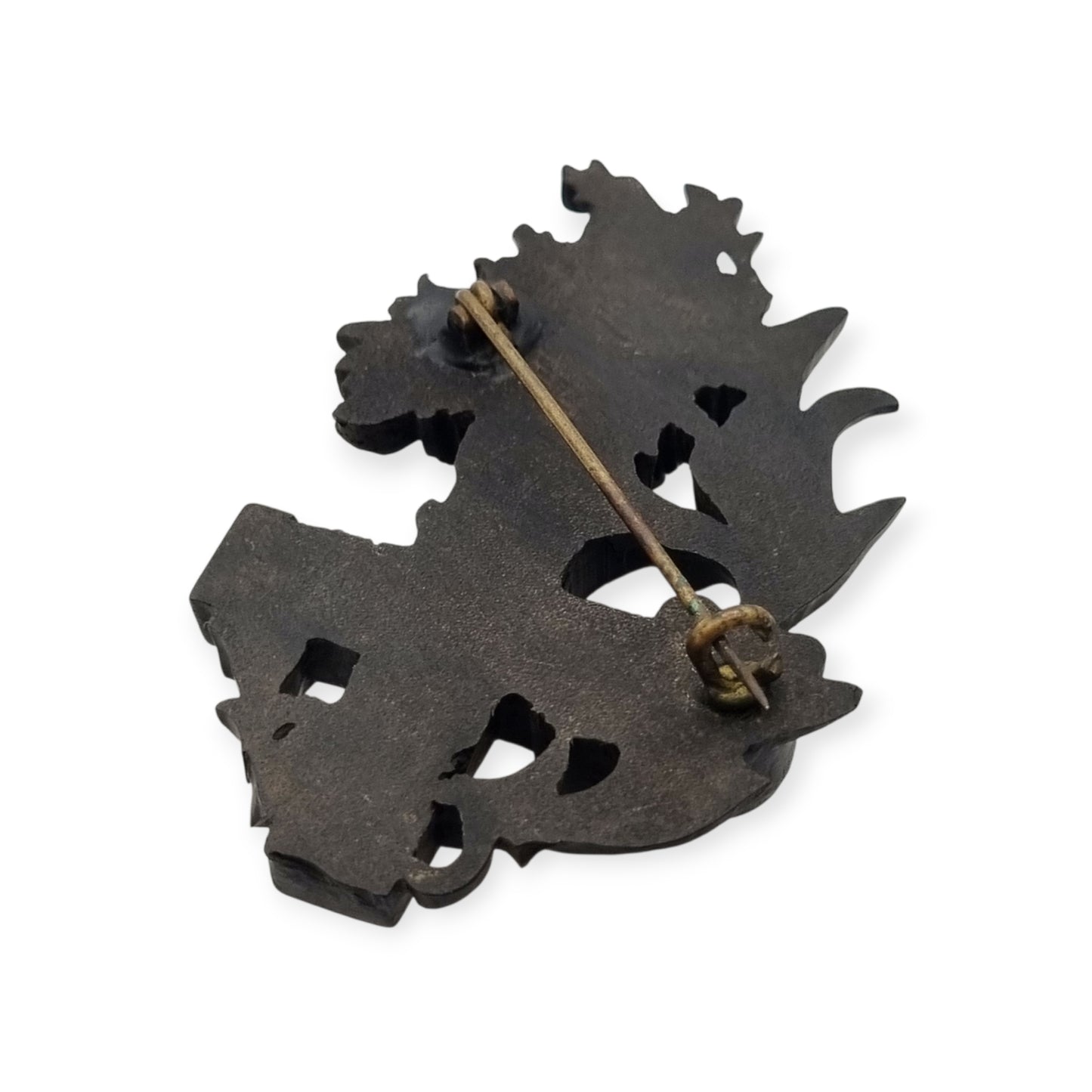 Broche de luto victoriano en vulcanita, cruz con hiedra y flores, Inglaterra, circa 1880-1900